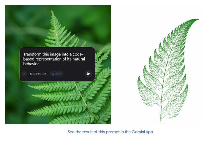 Screenshot of a prompt and a Barnsley fern from https://blog.google/products/gemini/gemini-2-5-pro-updates/